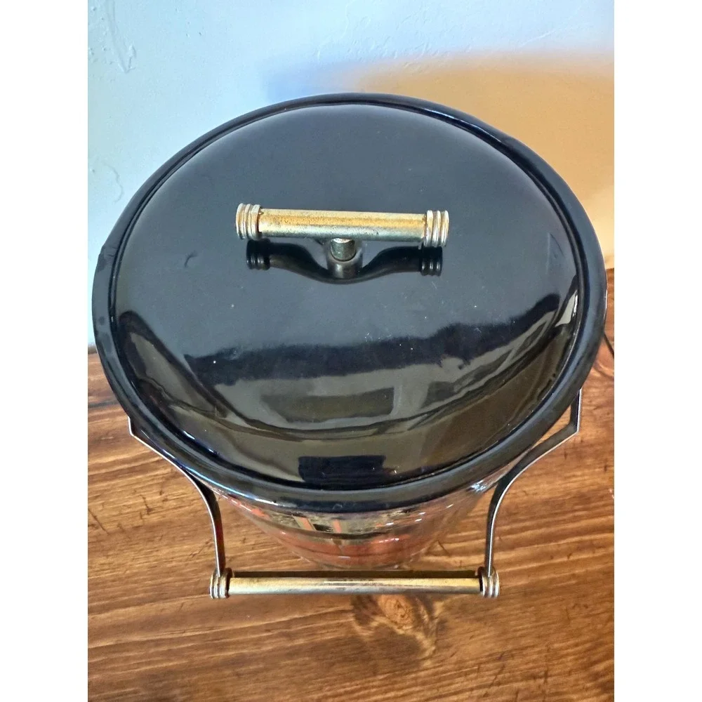 Vintage Chinoiserie Ice Bucket Faux Bamboo Handle Red and Black Intricate Design